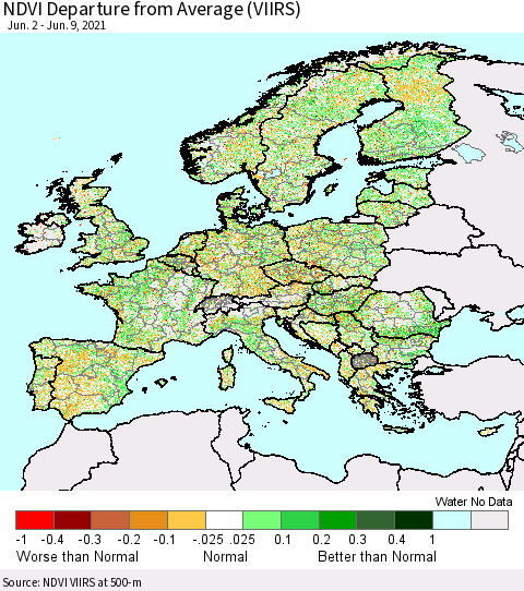 Europe NDVI Departure from Average (VIIRS) Thematic Map For 6/2/2021 - 6/9/2021
