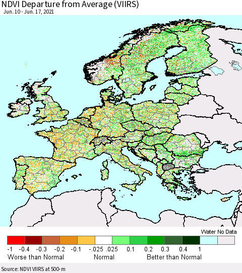 Europe NDVI Departure from Average (VIIRS) Thematic Map For 6/10/2021 - 6/17/2021