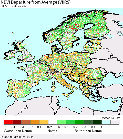 Europe NDVI Departure from Average (VIIRS) Thematic Map For 6/18/2021 - 6/25/2021