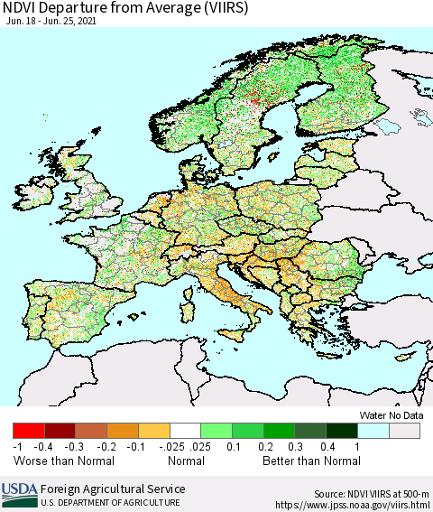 Europe NDVI Departure from Average (VIIRS) Thematic Map For 6/21/2021 - 6/30/2021