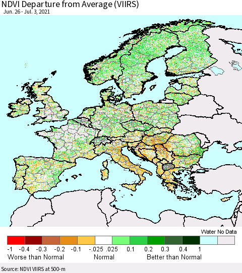 Europe NDVI Departure from Average (VIIRS) Thematic Map For 6/26/2021 - 7/3/2021