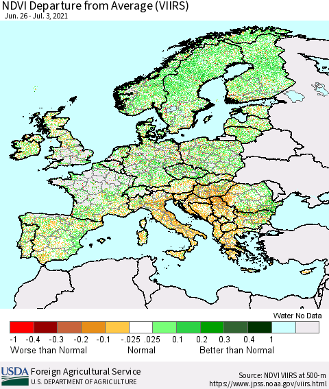 Europe NDVI Departure from Average (VIIRS) Thematic Map For 7/1/2021 - 7/10/2021