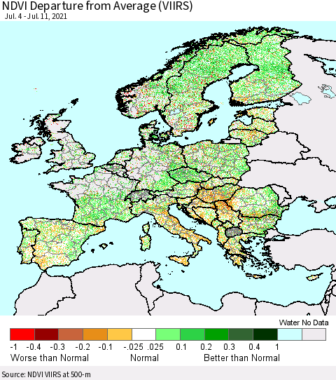 Europe NDVI Departure from Average (VIIRS) Thematic Map For 7/4/2021 - 7/11/2021