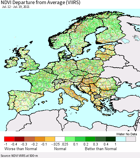 Europe NDVI Departure from Average (VIIRS) Thematic Map For 7/12/2021 - 7/19/2021