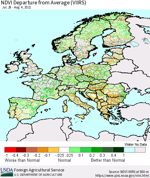 Europe NDVI Departure from Average (VIIRS) Thematic Map For 8/1/2021 - 8/10/2021
