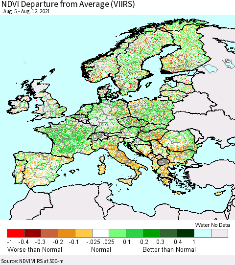 Europe NDVI Departure from Average (VIIRS) Thematic Map For 8/5/2021 - 8/12/2021