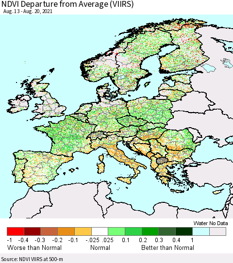 Europe NDVI Departure from Average (VIIRS) Thematic Map For 8/11/2021 - 8/20/2021