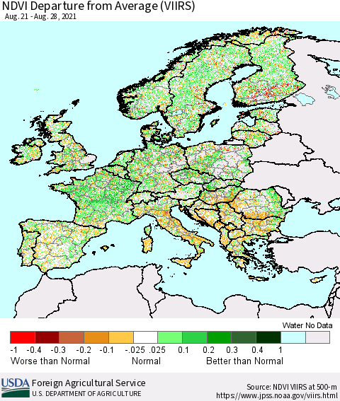Europe NDVI Departure from Average (VIIRS) Thematic Map For 8/21/2021 - 8/31/2021