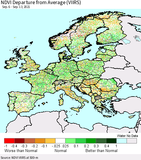 Europe NDVI Departure from Average (VIIRS) Thematic Map For 9/6/2021 - 9/13/2021