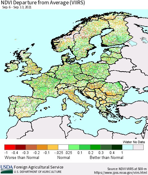 Europe NDVI Departure from Average (VIIRS) Thematic Map For 9/11/2021 - 9/20/2021