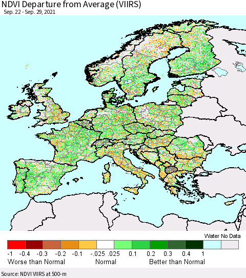 Europe NDVI Departure from Average (VIIRS) Thematic Map For 9/22/2021 - 9/29/2021