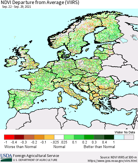 Europe NDVI Departure from Average (VIIRS) Thematic Map For 9/21/2021 - 9/30/2021