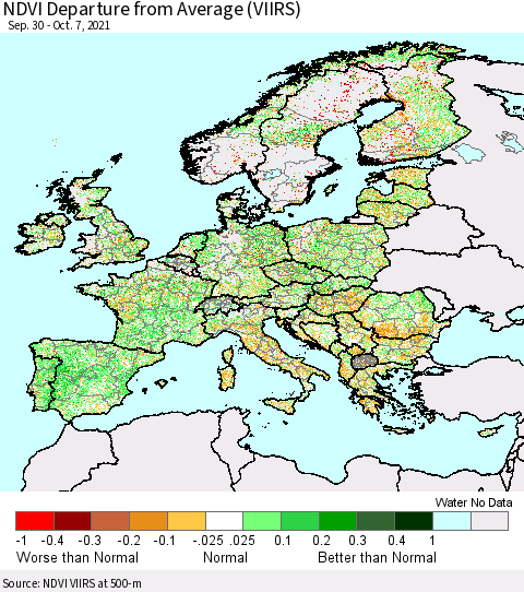 Europe NDVI Departure from Average (VIIRS) Thematic Map For 9/30/2021 - 10/7/2021