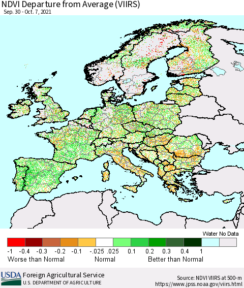 Europe NDVI Departure from Average (VIIRS) Thematic Map For 10/1/2021 - 10/10/2021