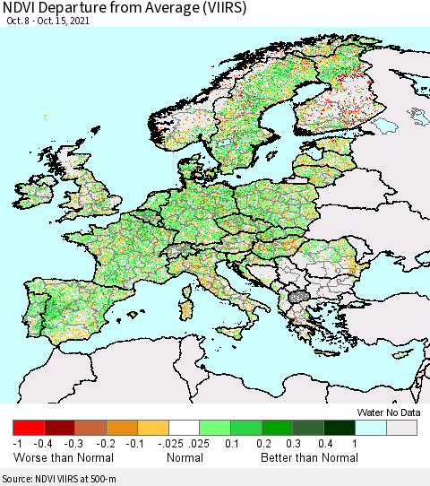 Europe NDVI Departure from Average (VIIRS) Thematic Map For 10/8/2021 - 10/15/2021
