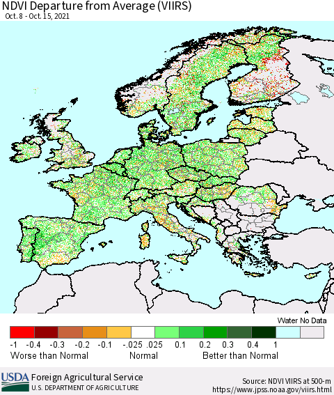 Europe NDVI Departure from Average (VIIRS) Thematic Map For 10/11/2021 - 10/20/2021