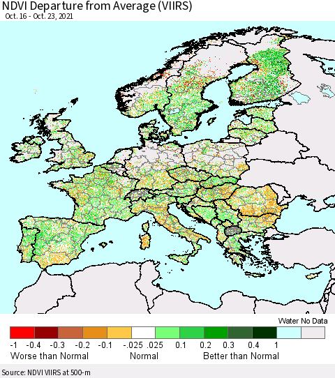 Europe NDVI Departure from Average (VIIRS) Thematic Map For 10/16/2021 - 10/23/2021