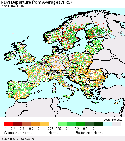 Europe NDVI Departure from Average (VIIRS) Thematic Map For 11/1/2021 - 11/8/2021