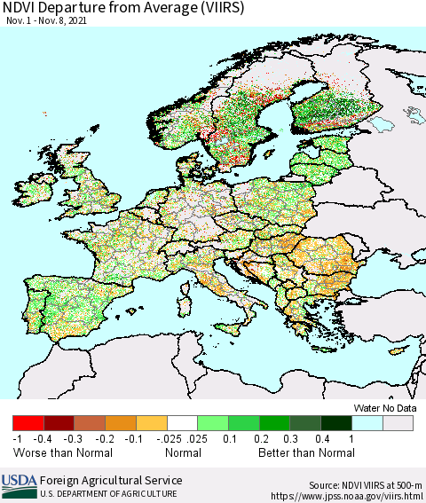 Europe NDVI Departure from Average (VIIRS) Thematic Map For 11/1/2021 - 11/10/2021