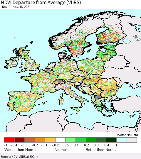 Europe NDVI Departure from Average (VIIRS) Thematic Map For 11/9/2021 - 11/16/2021