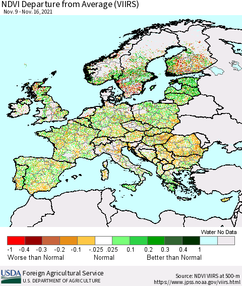 Europe NDVI Departure from Average (VIIRS) Thematic Map For 11/11/2021 - 11/20/2021