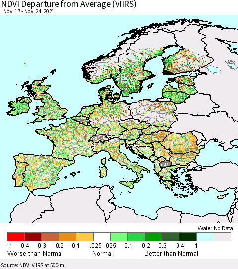 Europe NDVI Departure from Average (VIIRS) Thematic Map For 11/17/2021 - 11/24/2021