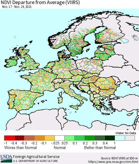 Europe NDVI Departure from Average (VIIRS) Thematic Map For 11/21/2021 - 11/30/2021