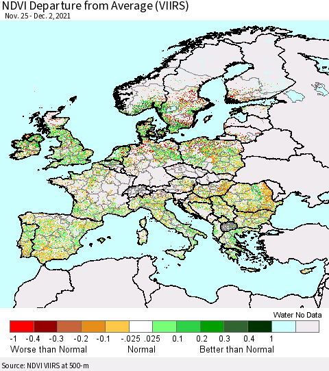 Europe NDVI Departure from Average (VIIRS) Thematic Map For 11/25/2021 - 12/2/2021