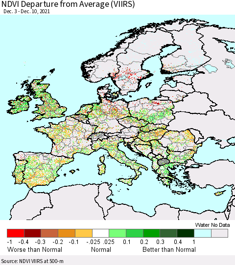 Europe NDVI Departure from Average (VIIRS) Thematic Map For 12/1/2021 - 12/10/2021