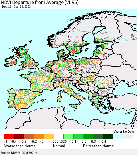 Europe NDVI Departure from Average (VIIRS) Thematic Map For 12/11/2021 - 12/18/2021
