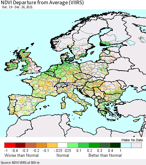 Europe NDVI Departure from Average (VIIRS) Thematic Map For 12/19/2021 - 12/26/2021