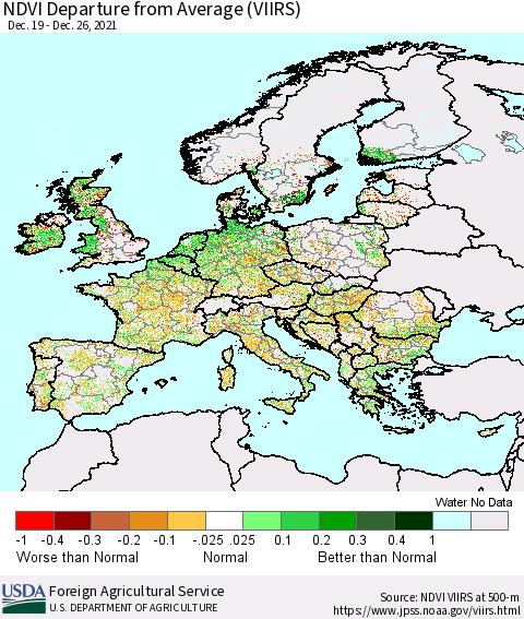 Europe NDVI Departure from Average (VIIRS) Thematic Map For 12/21/2021 - 12/31/2021
