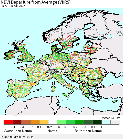 Europe NDVI Departure from Average (VIIRS) Thematic Map For 1/1/2022 - 1/8/2022