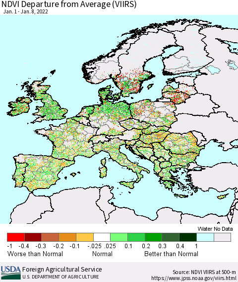 Europe NDVI Departure from Average (VIIRS) Thematic Map For 1/1/2022 - 1/10/2022