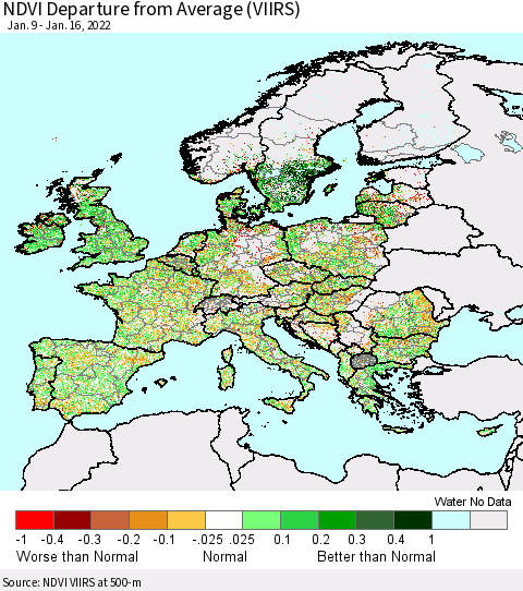 Europe NDVI Departure from Average (VIIRS) Thematic Map For 1/9/2022 - 1/16/2022