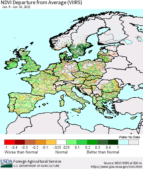 Europe NDVI Departure from Average (VIIRS) Thematic Map For 1/11/2022 - 1/20/2022