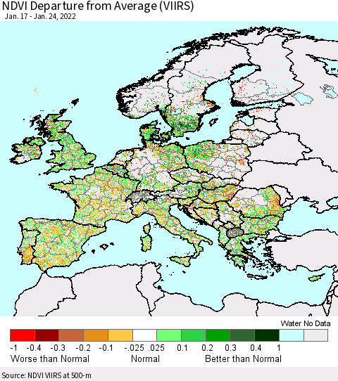 Europe NDVI Departure from Average (VIIRS) Thematic Map For 1/17/2022 - 1/24/2022