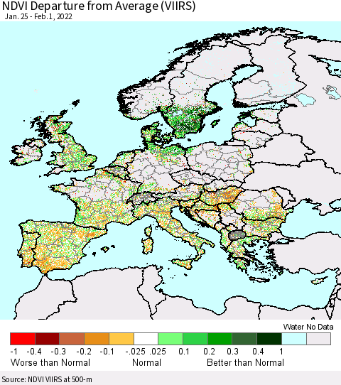 Europe NDVI Departure from Average (VIIRS) Thematic Map For 1/25/2022 - 2/1/2022