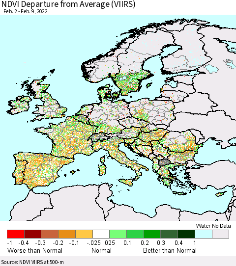 Europe NDVI Departure from Average (VIIRS) Thematic Map For 2/2/2022 - 2/9/2022