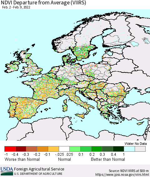 Europe NDVI Departure from Average (VIIRS) Thematic Map For 2/1/2022 - 2/10/2022