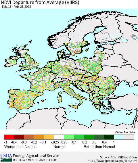 Europe NDVI Departure from Average (VIIRS) Thematic Map For 2/21/2022 - 2/28/2022