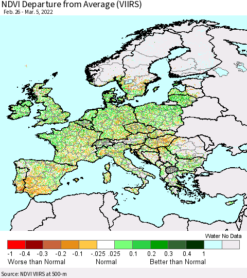 Europe NDVI Departure from Average (VIIRS) Thematic Map For 2/26/2022 - 3/5/2022