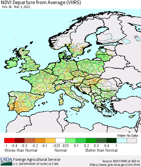 Europe NDVI Departure from Average (VIIRS) Thematic Map For 3/1/2022 - 3/10/2022