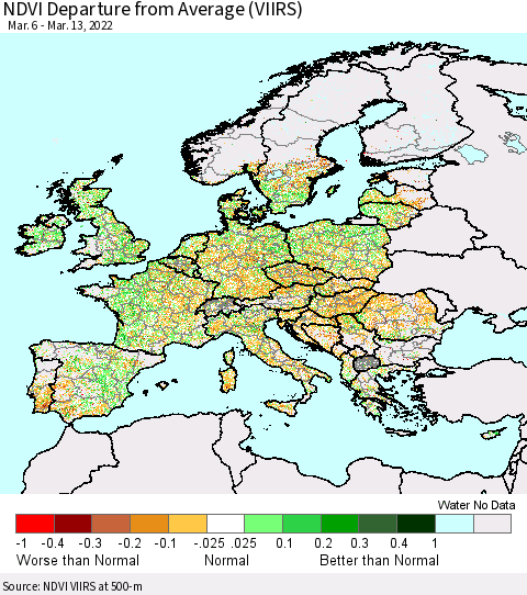 Europe NDVI Departure from Average (VIIRS) Thematic Map For 3/6/2022 - 3/13/2022