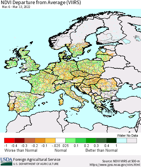 Europe NDVI Departure from Average (VIIRS) Thematic Map For 3/11/2022 - 3/20/2022