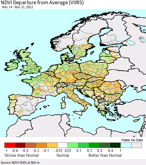 Europe NDVI Departure from Average (VIIRS) Thematic Map For 3/14/2022 - 3/21/2022