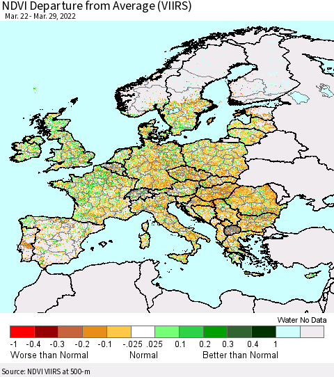 Europe NDVI Departure from Average (VIIRS) Thematic Map For 3/22/2022 - 3/29/2022