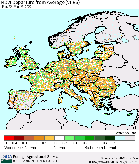 Europe NDVI Departure from Average (VIIRS) Thematic Map For 3/21/2022 - 3/31/2022