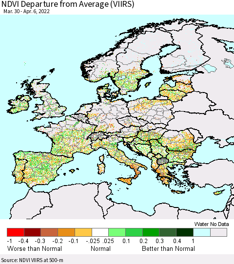 Europe NDVI Departure from Average (VIIRS) Thematic Map For 3/30/2022 - 4/6/2022