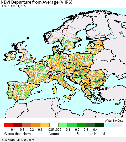 Europe NDVI Departure from Average (VIIRS) Thematic Map For 4/7/2022 - 4/14/2022